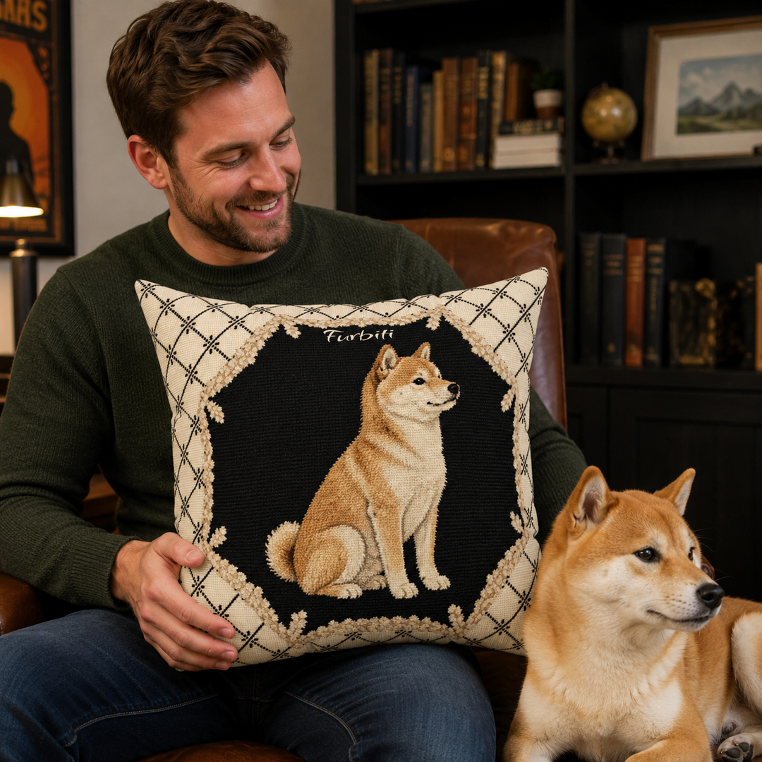 Personalized ornate pet pillow shown with man and pets