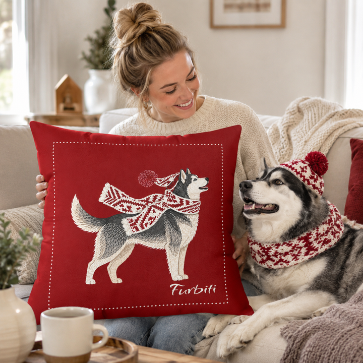 Personalized red dog portrait pillow lifestyle display