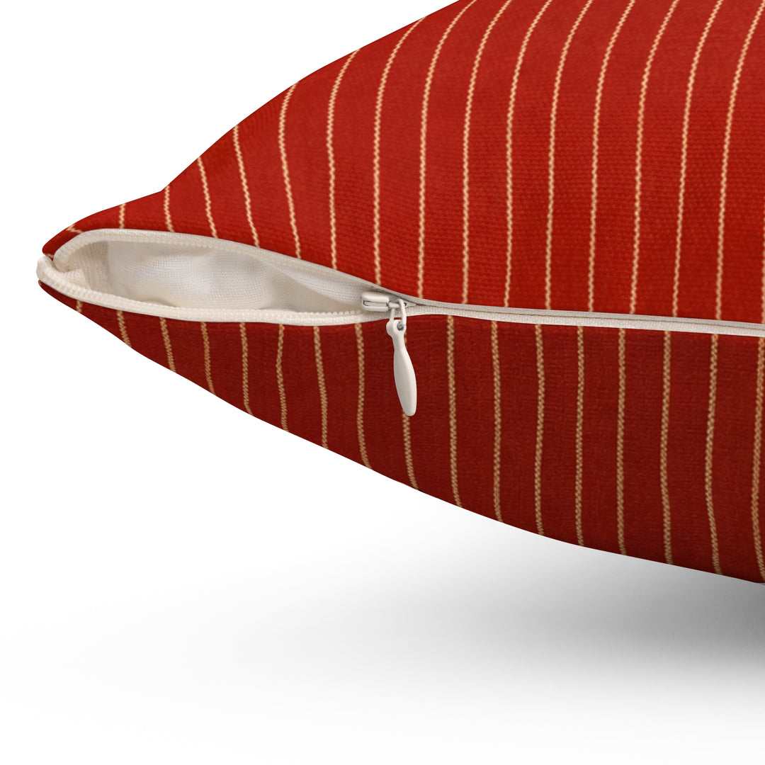 Personalized red striped pet pillow zipper detail view