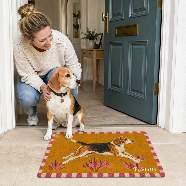 Personalized running dog mat shown in home entryway