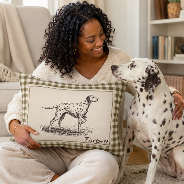Personalized sketch dog lumbar pillow held by woman at home