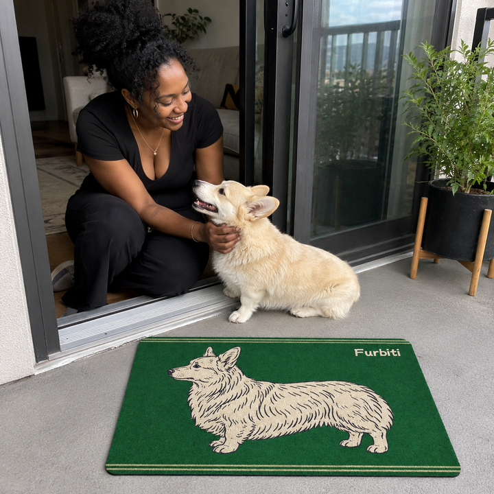 Personalized sketch pet doormat shown in a real home with pet and owner