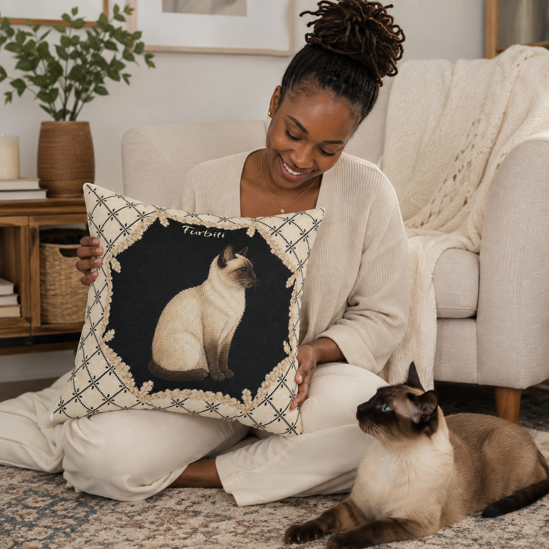 Personalized sketch pet pillow held by woman at home