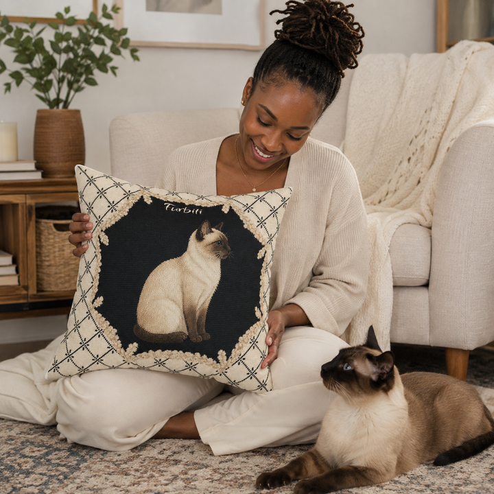 Personalized sketch pet pillow held by woman at home
