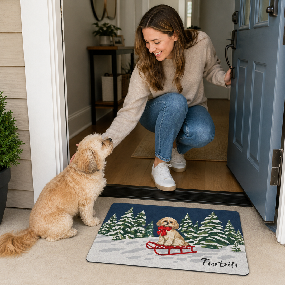 Personalized snowy forest pet doormat in home entryway