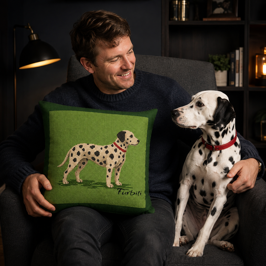 Personalized spotted dog green pillow held by man