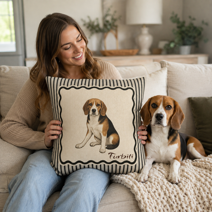 Personalized striped dog pillow held by woman at home