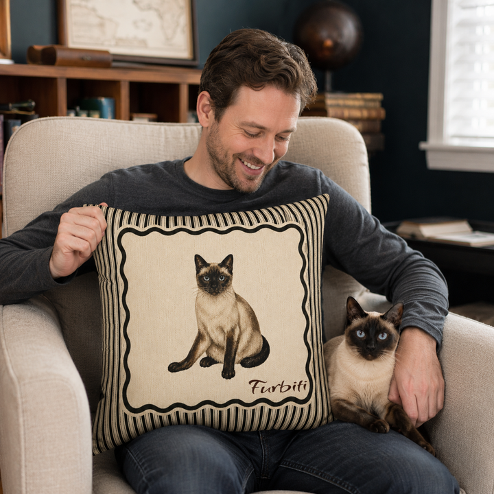 Personalized striped pet pillow shown with man at home