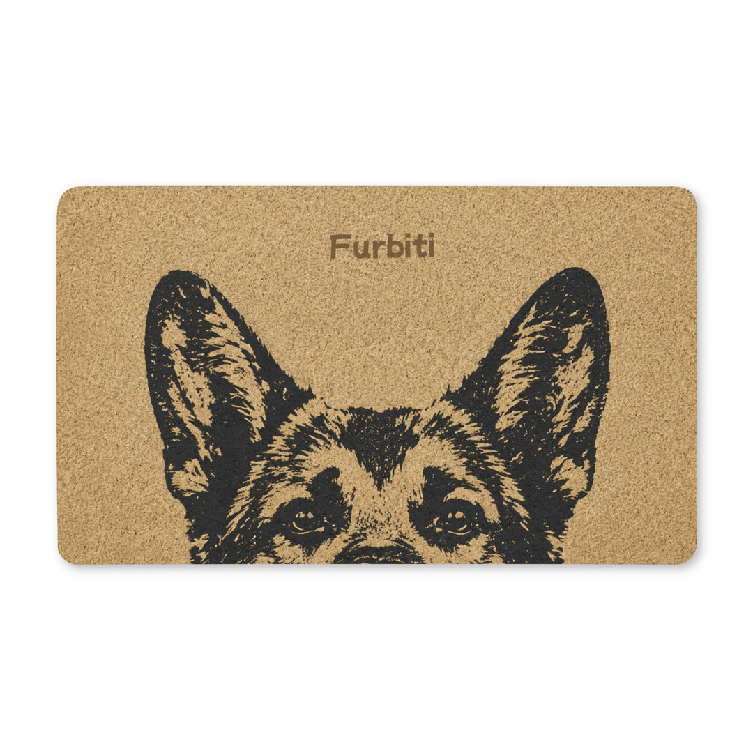 Personalized tan pet doormat with black line art portrait and custom name