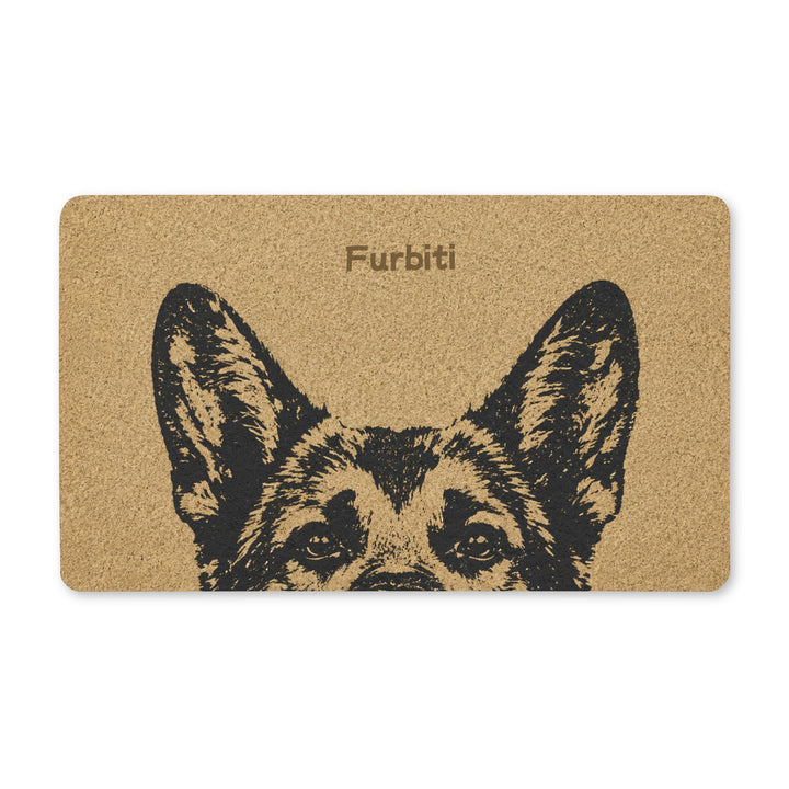 Personalized tan pet doormat with black line art portrait and custom name