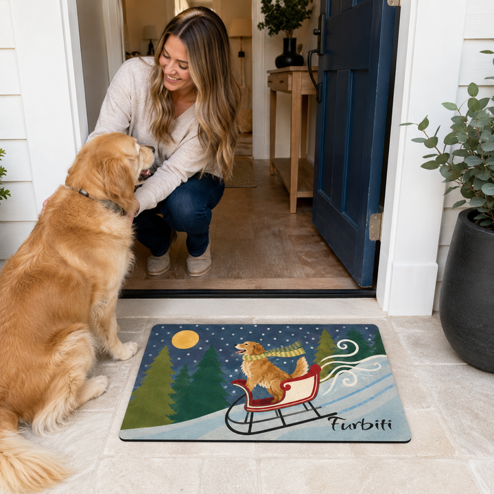 Personalized winter pet doormat displayed with owner and dog