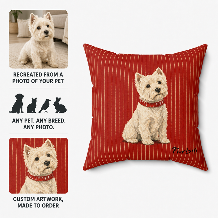 Pet photo to custom red stripe pillow preview