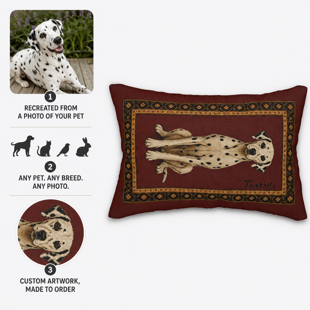 Pet photo to personalized burgundy lumbar pillow how it works