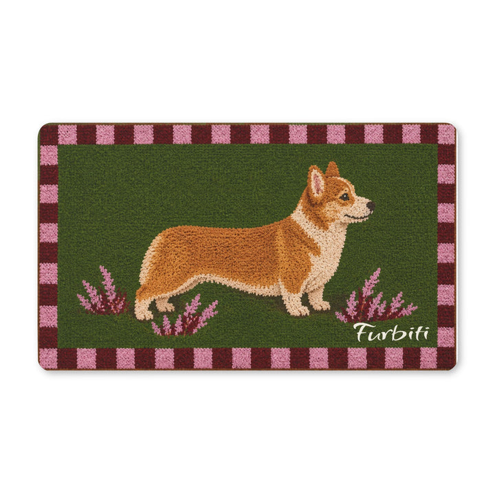 Shiba Inu doormat close-up product view with pink check border