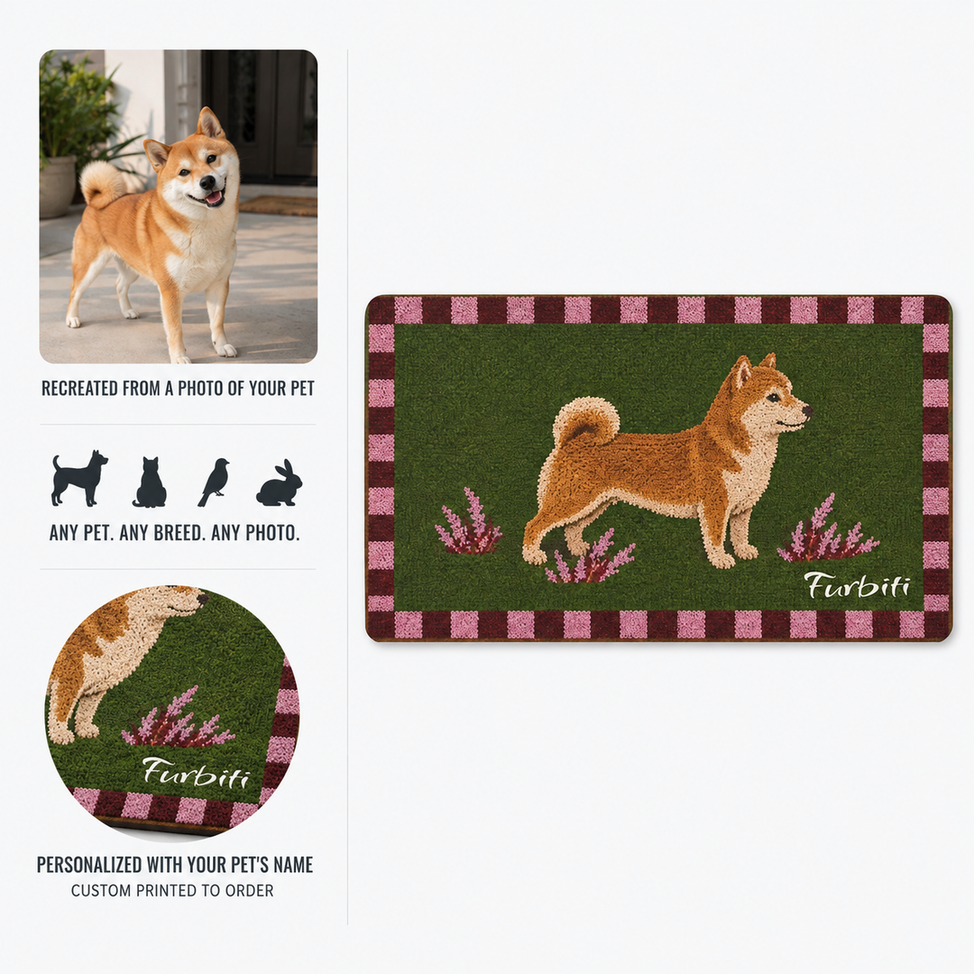 Shiba Inu doormat close-up with floral accents and personalized name