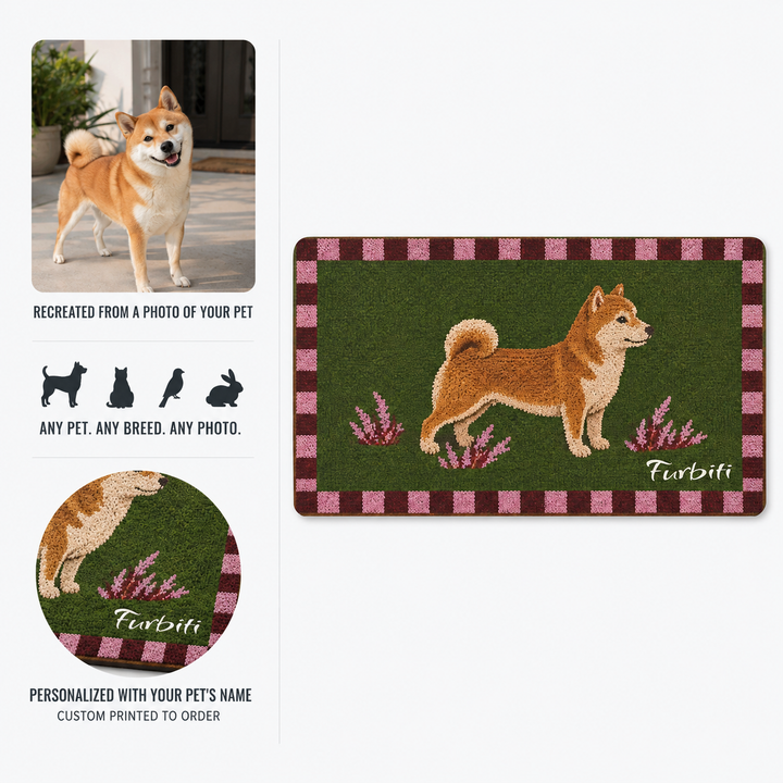 Shiba Inu doormat close-up with floral accents and personalized name