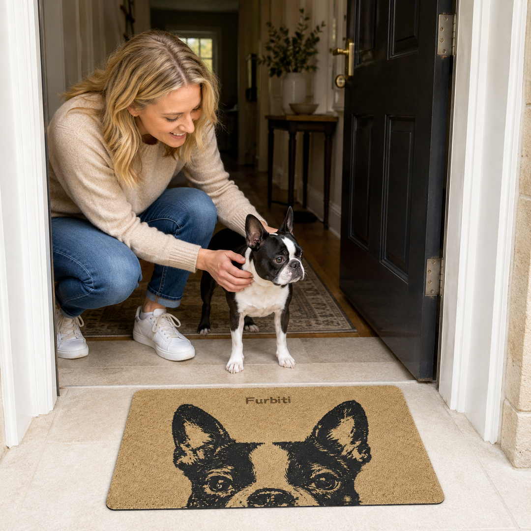 Tan personalized pet welcome mat by front door