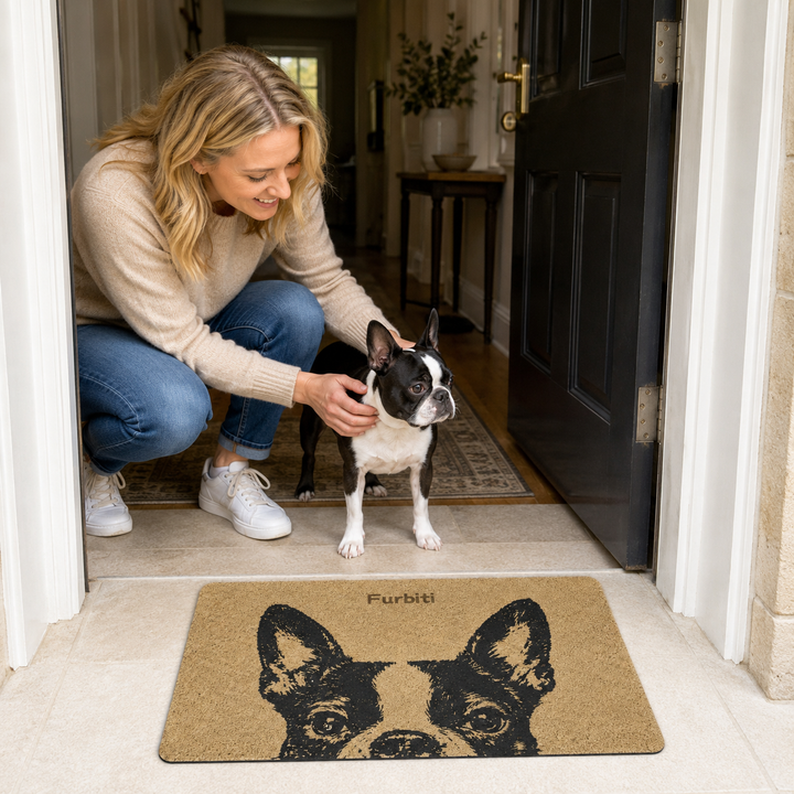 Tan personalized pet welcome mat by front door