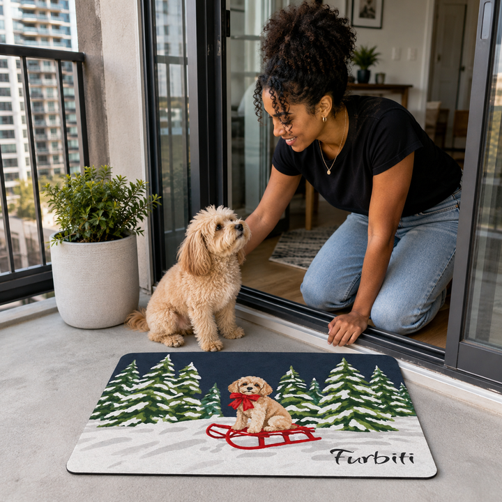 Winter pet welcome mat displayed by front door