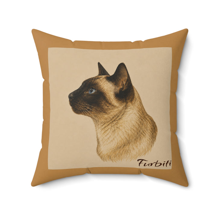 Woman holding custom cat portrait pillow in warm neutral design