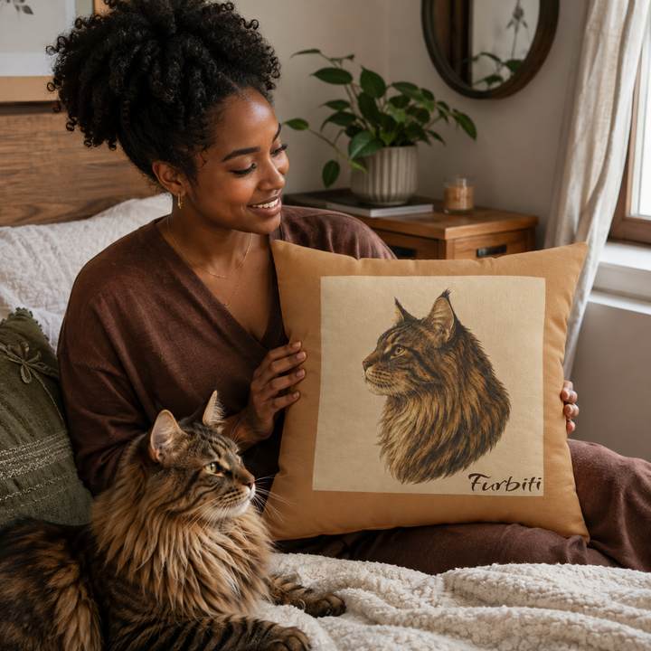 Woman holding personalized cat pillow with custom pet portrait