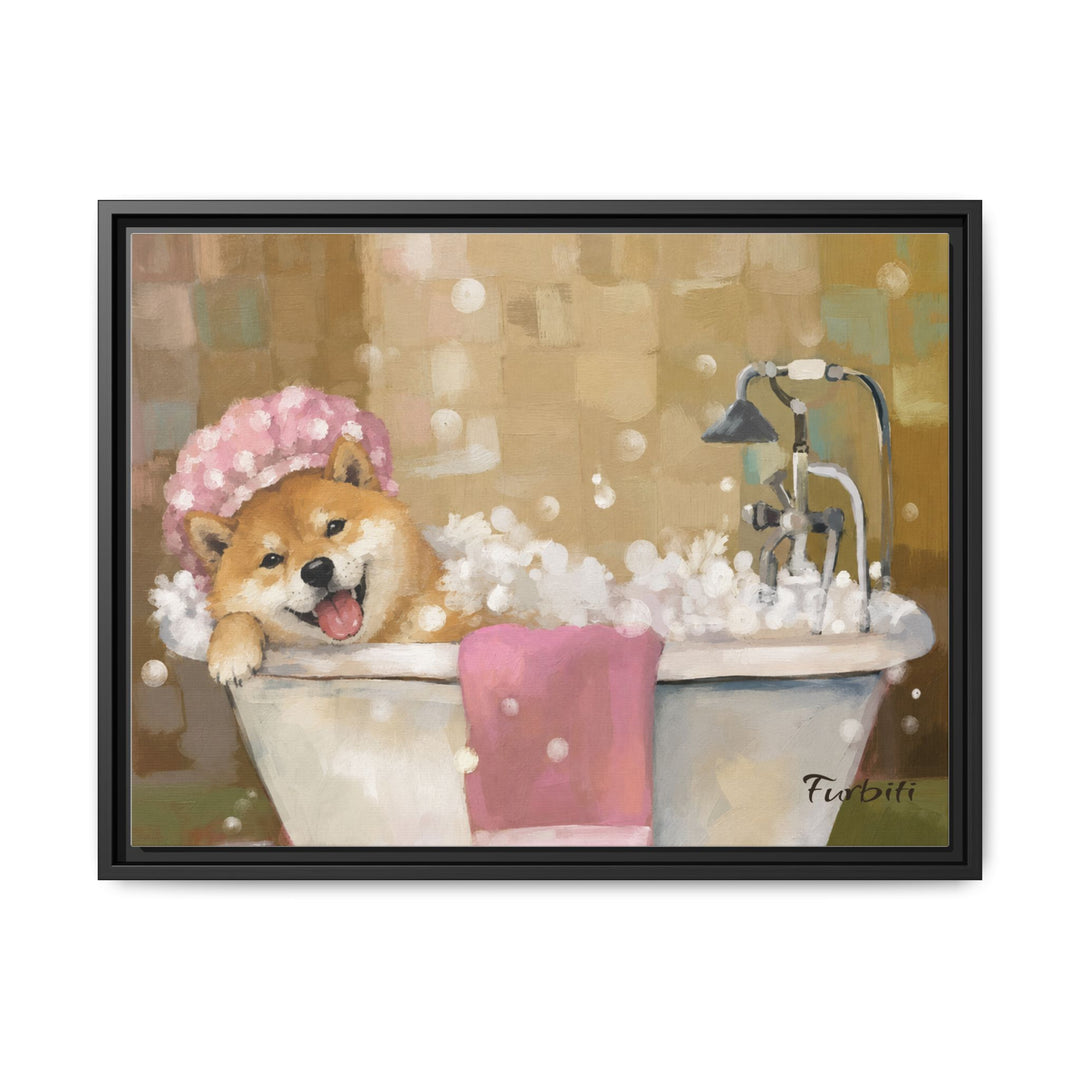 Black Framed Bath Time Shiba Horizontal Pet Canvas Product View