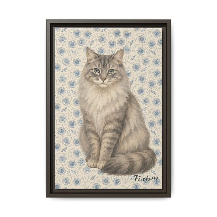 Black Framed Blue Floral Cat Canvas Portrait Product View