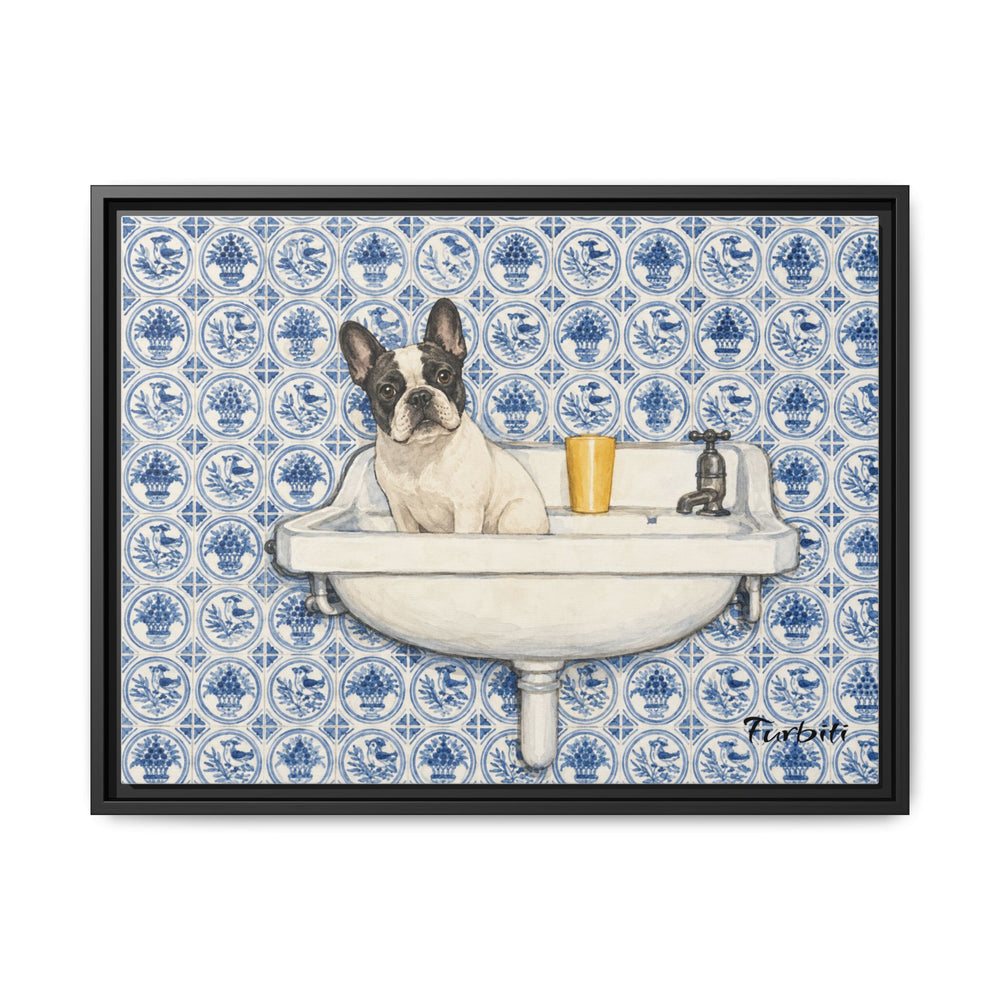 Black Framed Blue Tile French Bulldog Horizontal Pet Canvas Product View