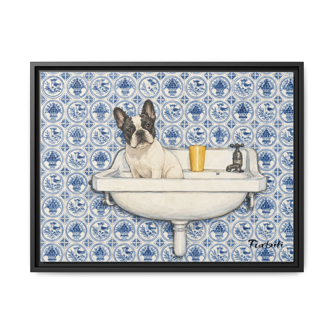Black Framed Blue Tile French Bulldog Horizontal Pet Canvas Product View