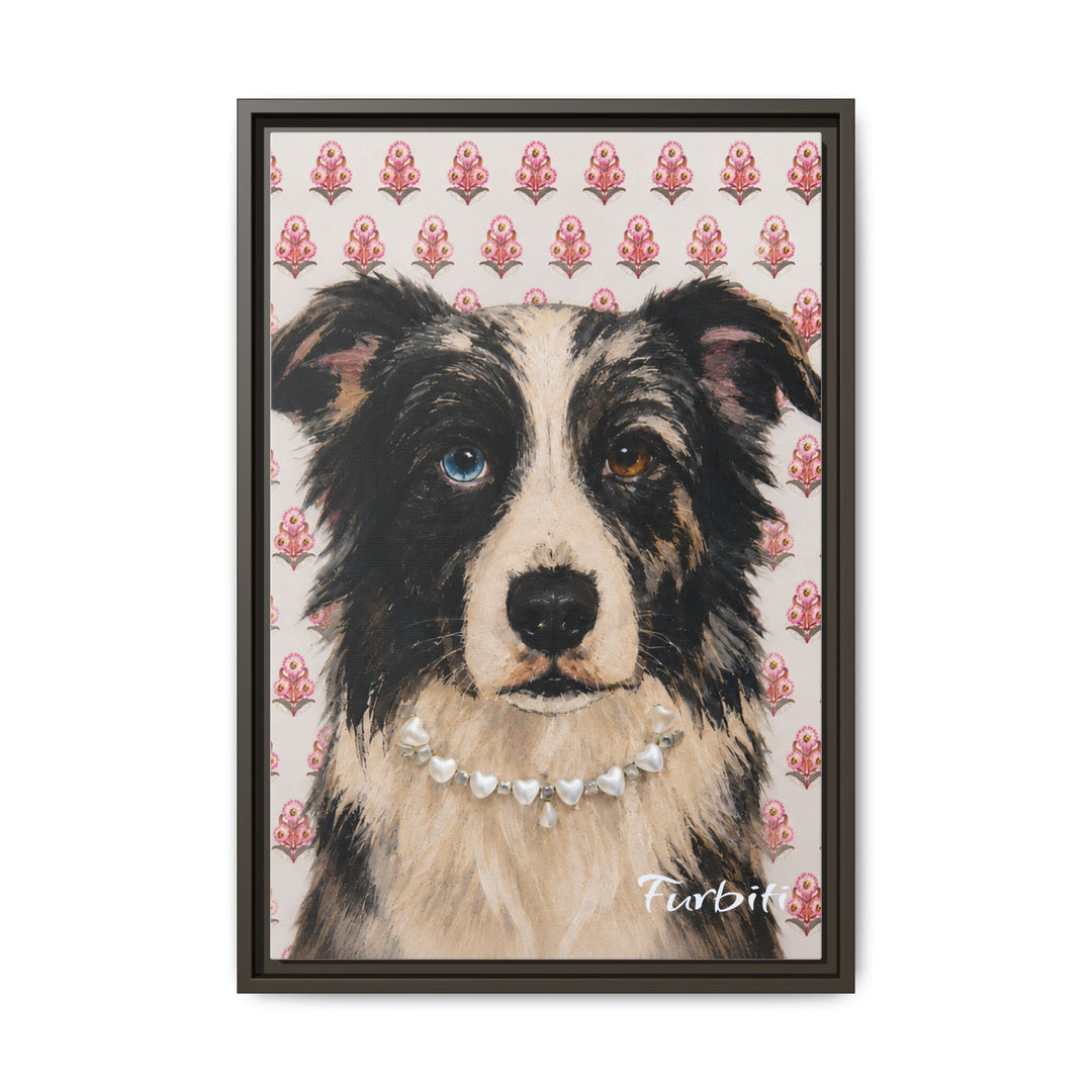 Black Framed Pink Floral Dog Pet Canvas Portrait Frame Option View