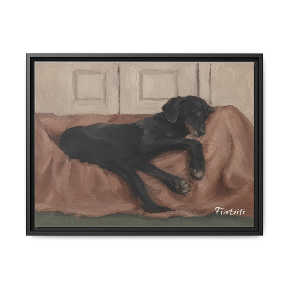 Black Framed Resting Black Dog Horizontal Pet Canvas Product View