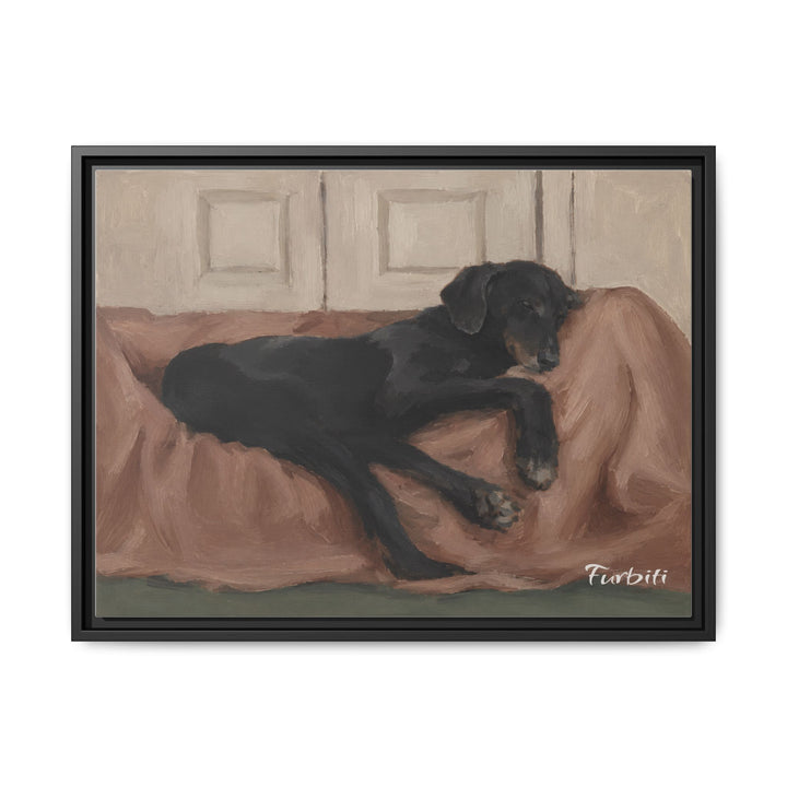 Black Framed Resting Black Dog Horizontal Pet Canvas Product View