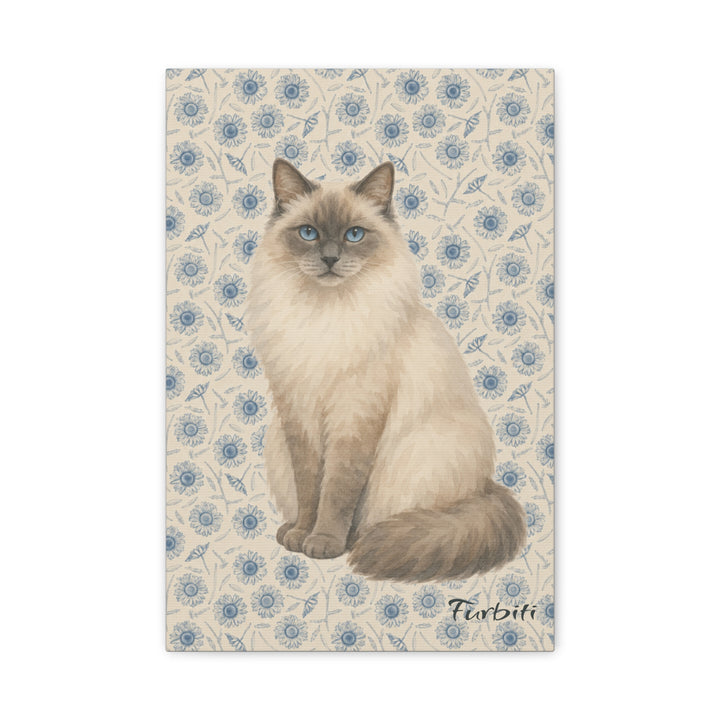 Blue Floral Cat Canvas Portrait Artwork Detail