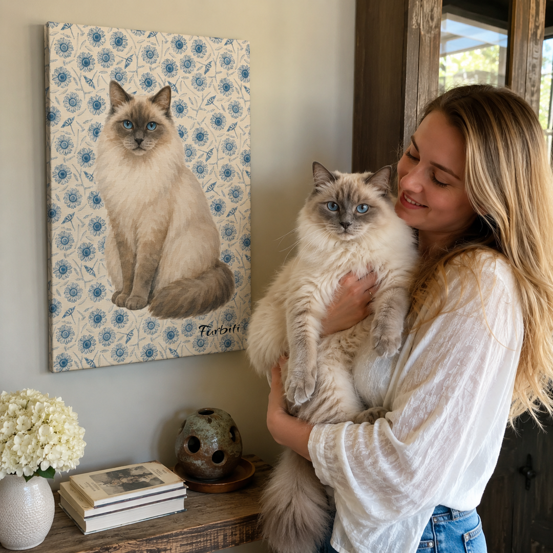 Blue Floral Cat Canvas Portrait Displayed With Pet Owner