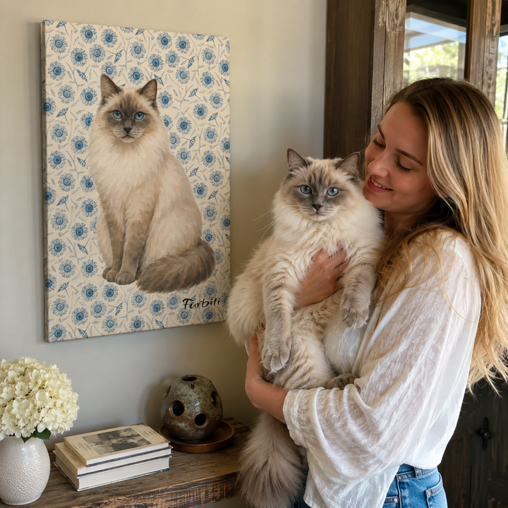 Blue Floral Cat Canvas Portrait Displayed With Pet Owner