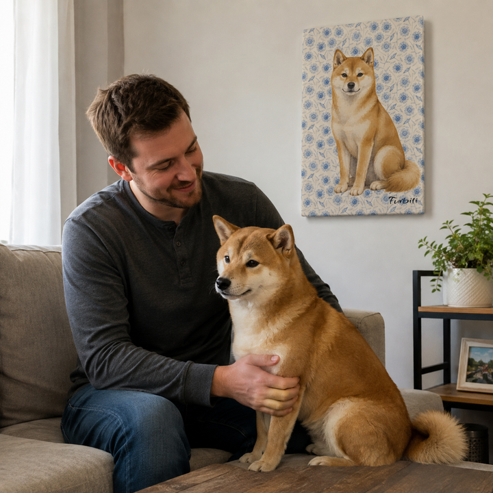 Blue Floral Dog Canvas Portrait Displayed With Pet Owner