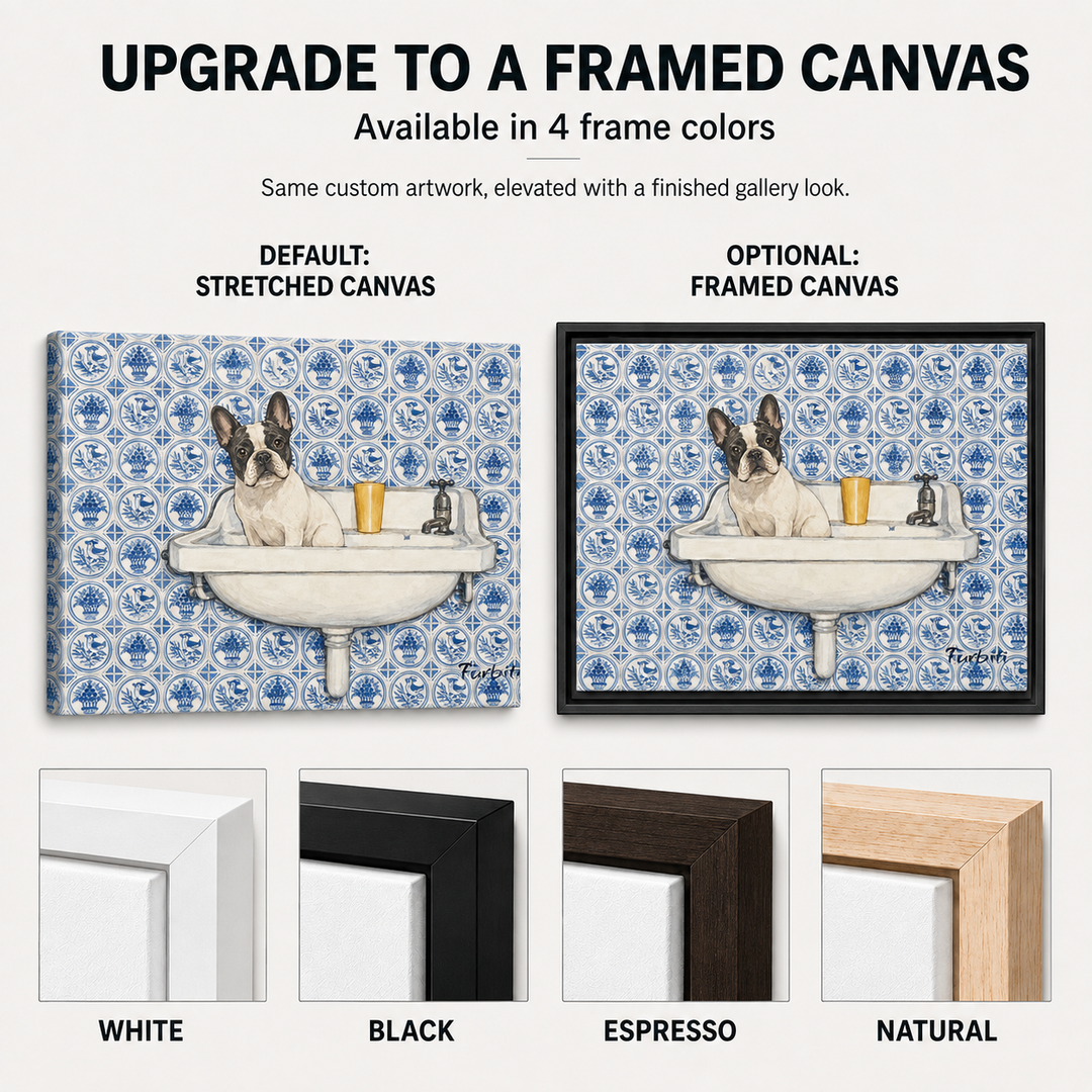 Blue Tile French Bulldog Landscape Pet Portrait Canvas Material And Print Details