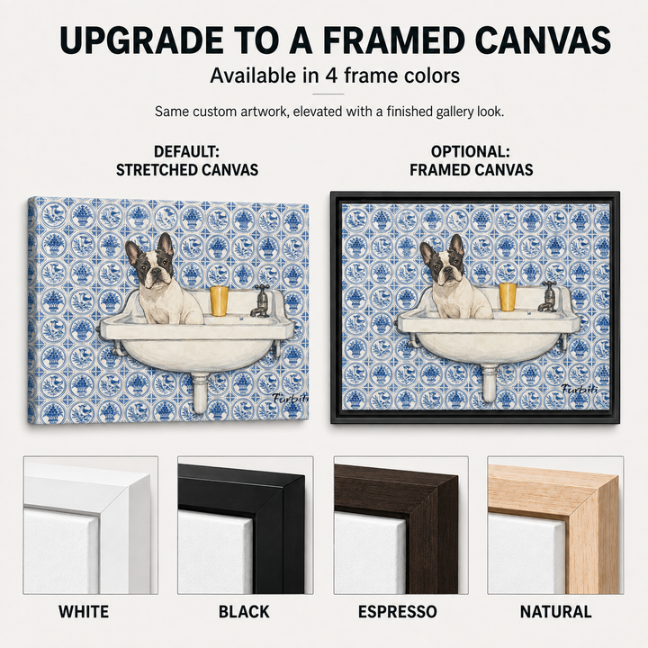 Blue Tile French Bulldog Landscape Pet Portrait Canvas Material And Print Details