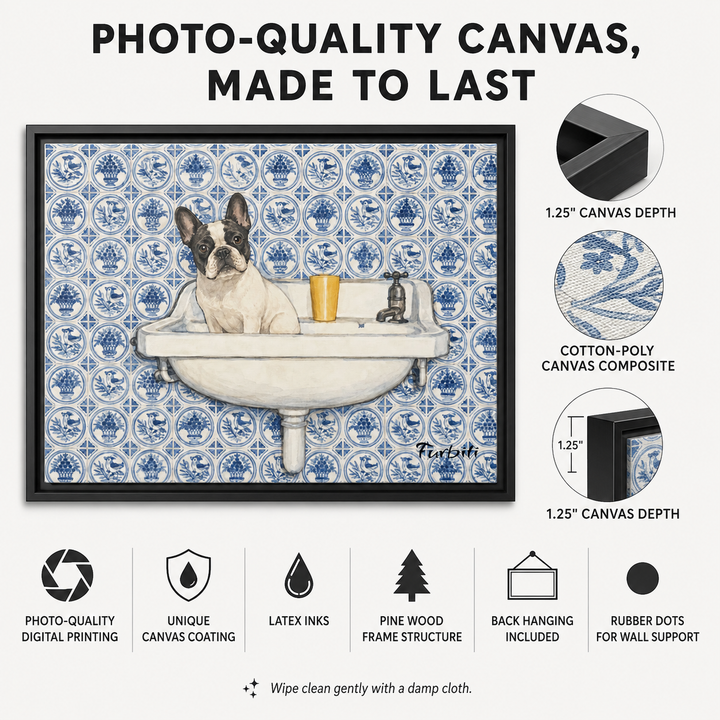 Blue Tile French Bulldog Landscape Pet Portrait Canvas Size Guide
