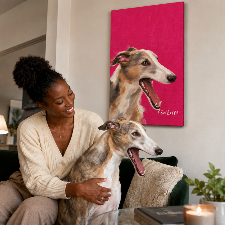 Bright Pink Cat Pet Canvas Portrait Displayed With Pet Owner