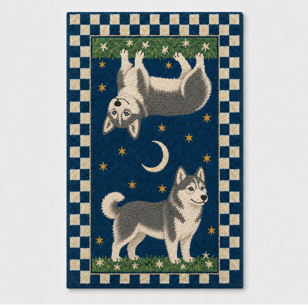Custom Celestial Pet Portrait Area Rug – Moon & Stars Design