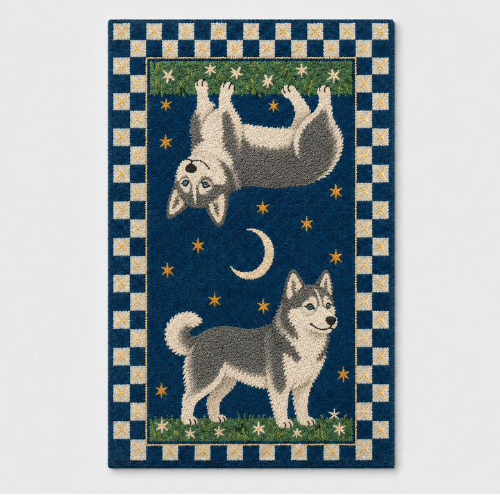 Custom Celestial Pet Portrait Area Rug – Moon & Stars Design
