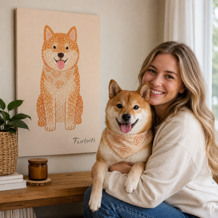 Classic Terrier Pet Canvas Portrait Displayed With Pet Owner