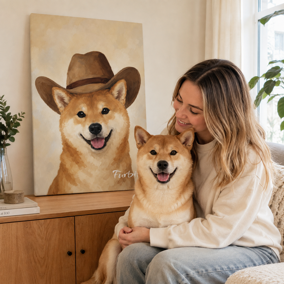 Cowboy Dog Pet Canvas Portrait Displayed With Pet Owner