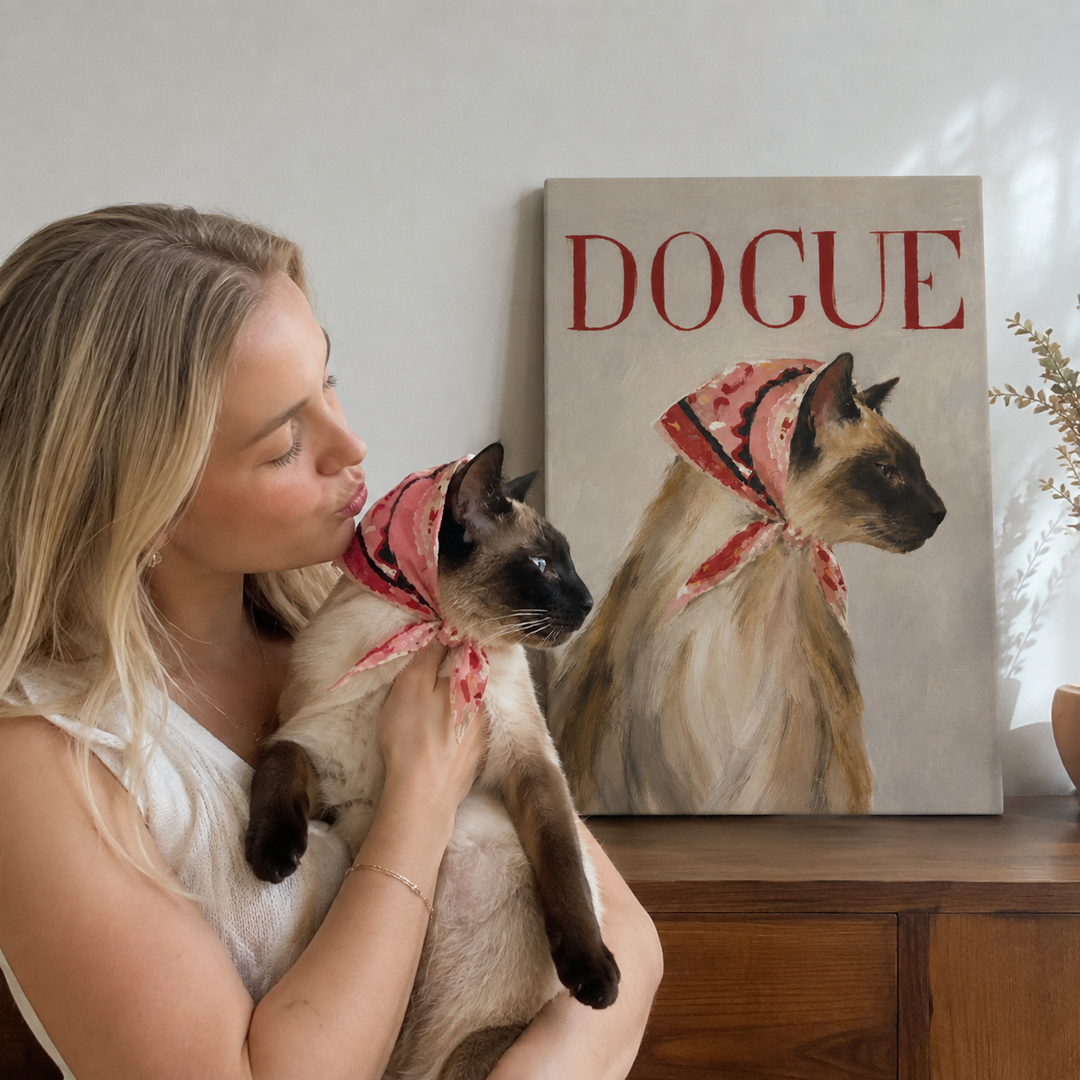 Dogue Fashion Dog Pet Canvas Portrait Displayed With Pet Owner