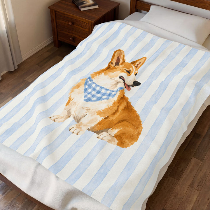 Custom Pet Portrait Velveteen Blanket – Blue Stripe