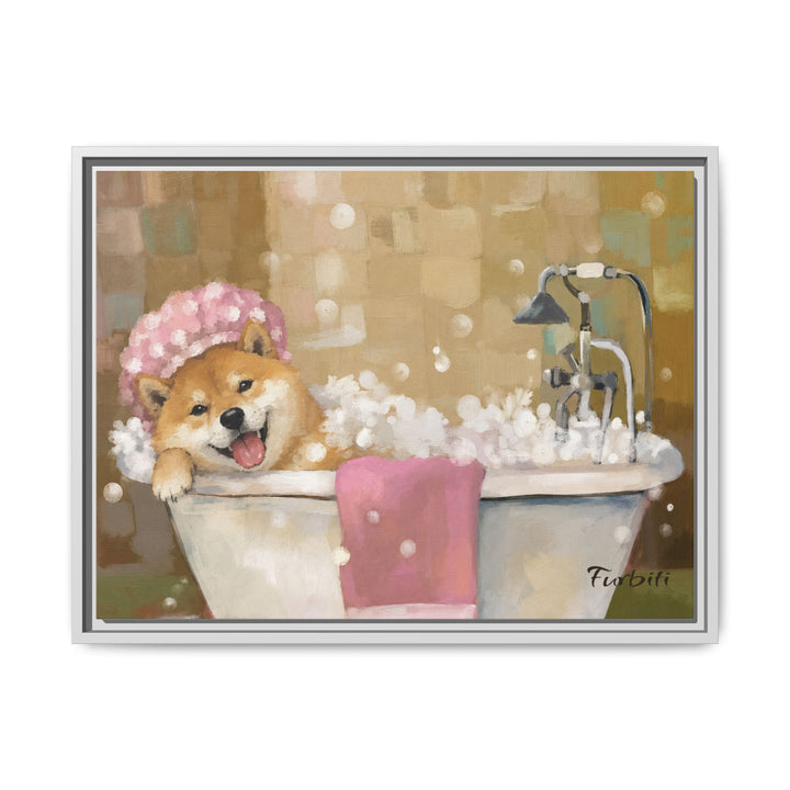 Espresso Framed Bath Time Shiba Horizontal Pet Canvas Product View