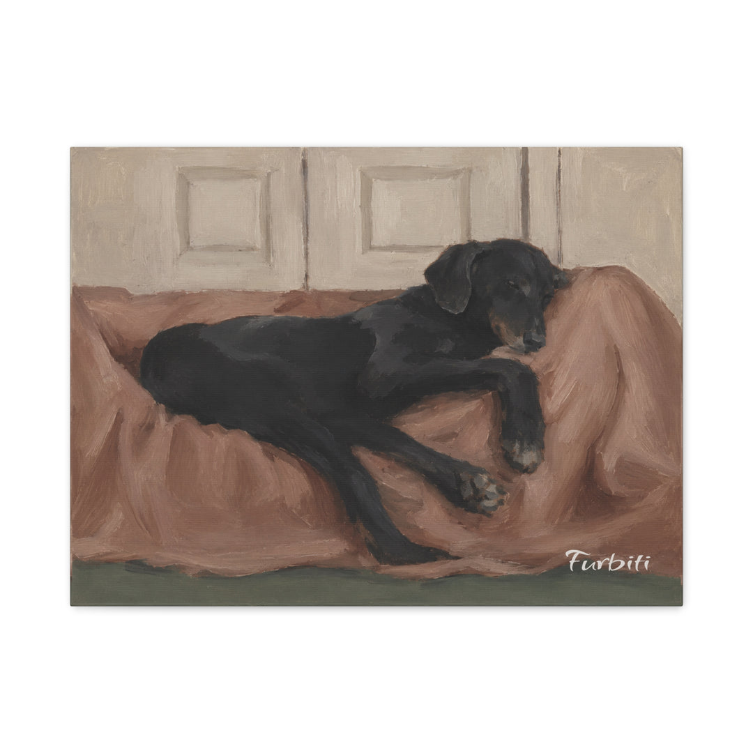 Espresso Framed Resting Black Dog Horizontal Pet Canvas Product View