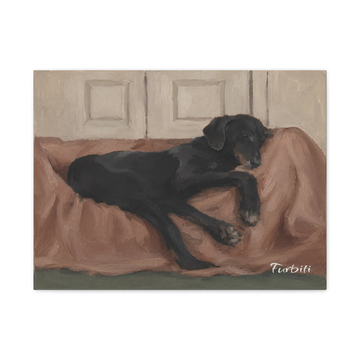 Espresso Framed Resting Black Dog Horizontal Pet Canvas Product View