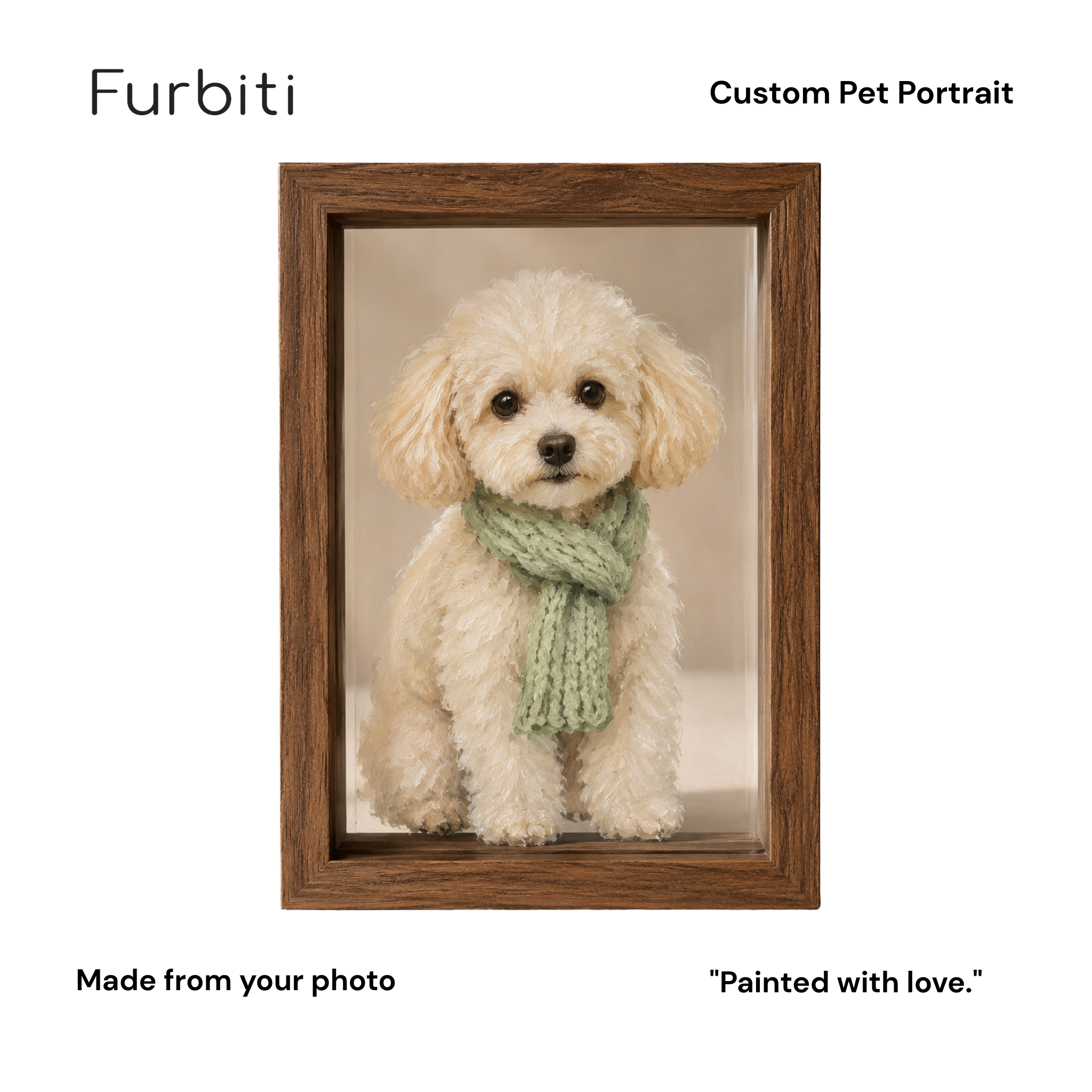 Furbiti custom hand-painted glass pet portrait 20x25cm large size walnut frame